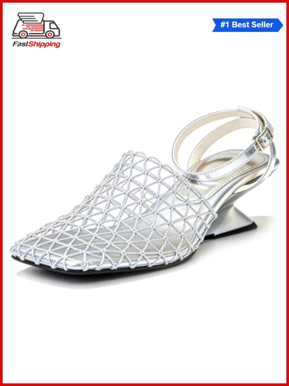 Fishnet Wedge Sandals Closed Square Toe Slingback Braid Mesh Ankle Strap
